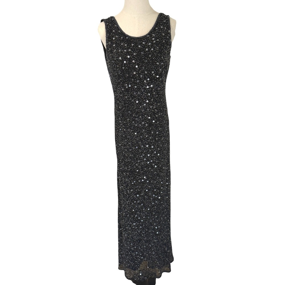 Vintage 90s Black Silk Beaded Maxi Slip Event Gown Dress 8‎ Column Minimal